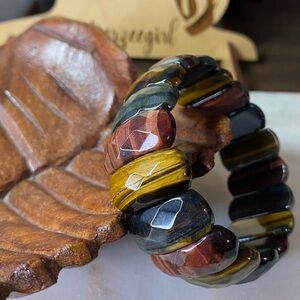Natural Faceted Multicolored Tigers Eye Wide Cuff Tile Stretch Bracelet